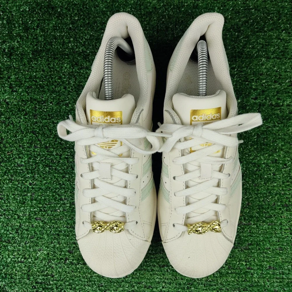 Adidas Sneakers Womens 9.5 White‎ Superstar HQ6963 Mint Green Gold Lace Jewels